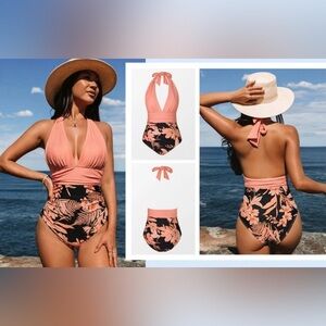 CUPSHE Sz M Solid Colourway Halter Top Paisly Floral BottomBathing Suit NEW